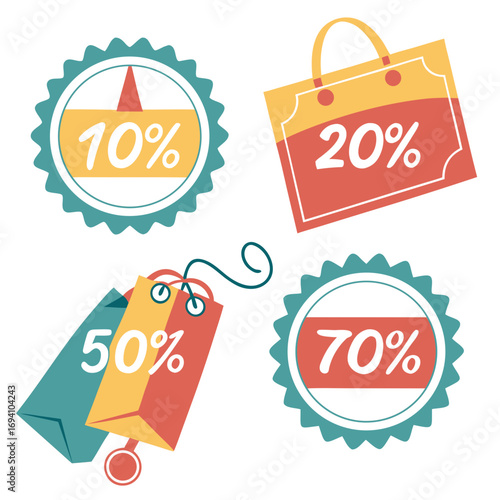 Seasonal sale discount promotion with shopping bags and percentage off stickers for retail marketing