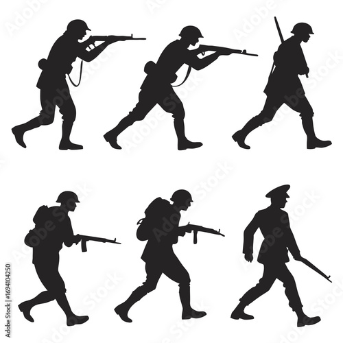 Marching soldiers with rifles and backpacks silhouettes