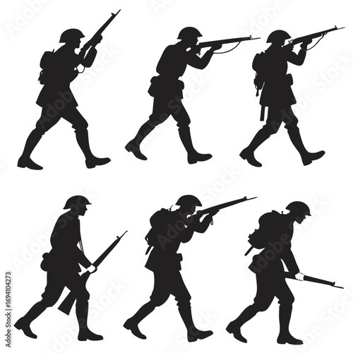Marching soldiers with rifles silhouette military