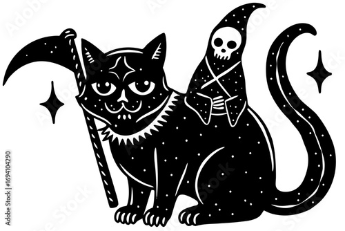 Halloween cat grim reaper tattoo design vector illustration black and white spooky animal art vector