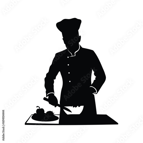 Silhouette of a chef preparing food in a kitchen environment, cooking food, chef chopping vegetables silhouette vector illustration