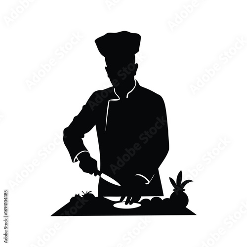 Silhouette of a chef preparing food with vegetables and a knife, chef chopping vegetables silhouette vector illustration