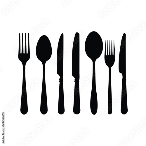 Black and White Cutlery Silhouette Arrangement Featuring Forks, Spoons and Knives, cutlery set silhouette vector illustration