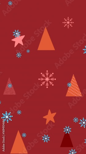 Animation of snow falling over christmas decoration and pattern