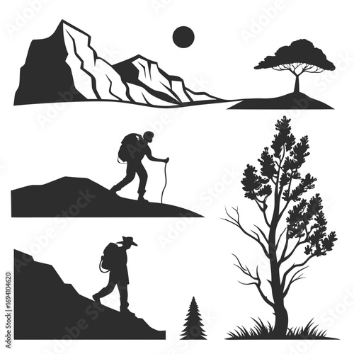 Mountain hikers and trees silhouettes trekking backpack