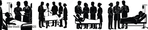 Medical team meeting silhouette bundle set medical professionals caring for patients in hospital scenes 