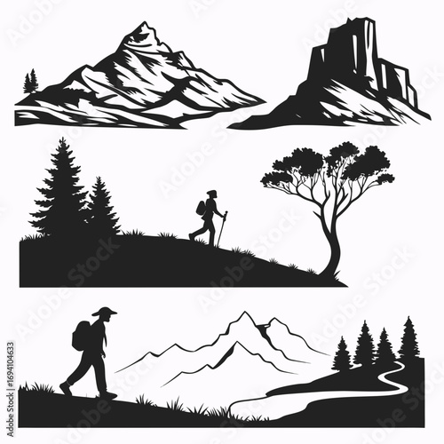 Mountain hikers and trees silhouettes trekking backpack