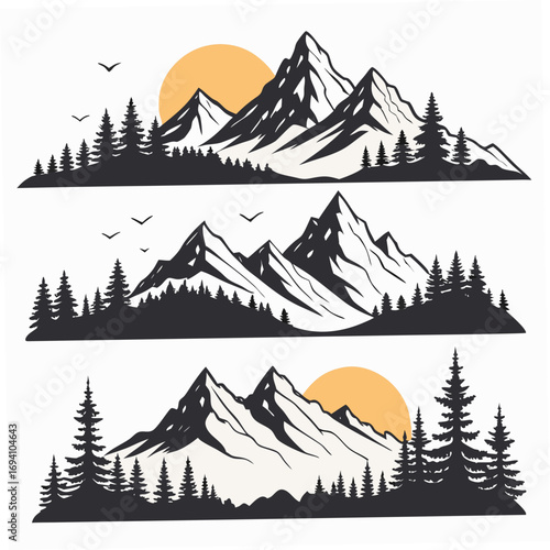 Mountain peaks forest sunrise sunset birds vector