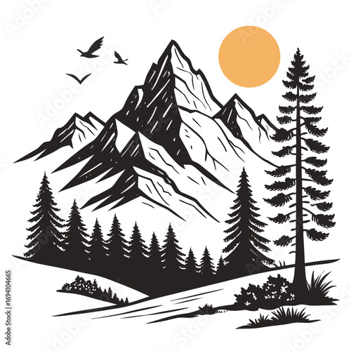 Mountain landscape with sun and birds peak sunrise