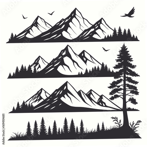 Mountain peaks with evergreen trees and birds mountain range