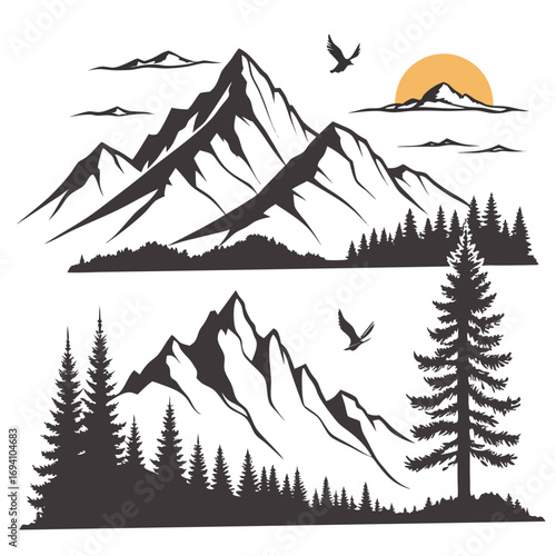 Mountain peaks with birds and sun mountains sunrise