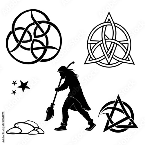 Mystical symbols and witch silhouette occult witchcraft