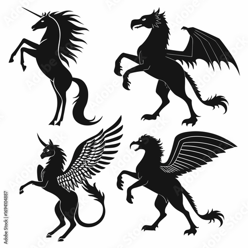 Mythical creatures heraldic silhouettes unicorn griffin