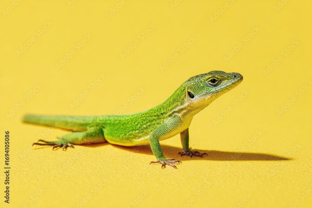 Fototapeta premium Vivid green lizard on vibrant yellow background