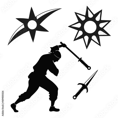 Ninja warrior with shuriken and dagger martial arts