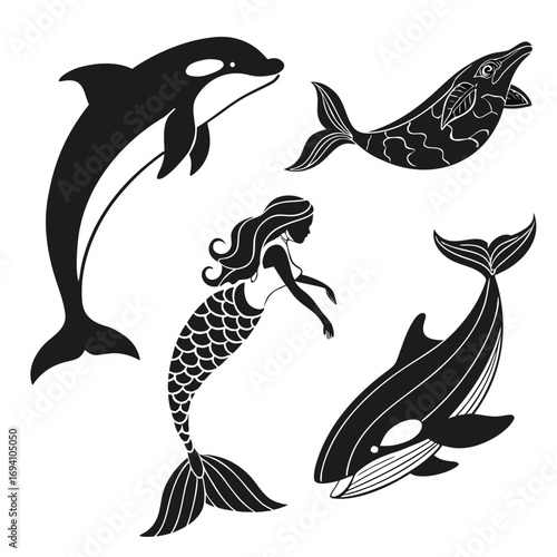 Orca whale and mermaid silhouettes killer whale dolphin