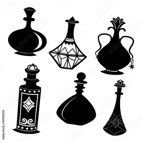 Ornate decorative potion bottles silhouette vintage