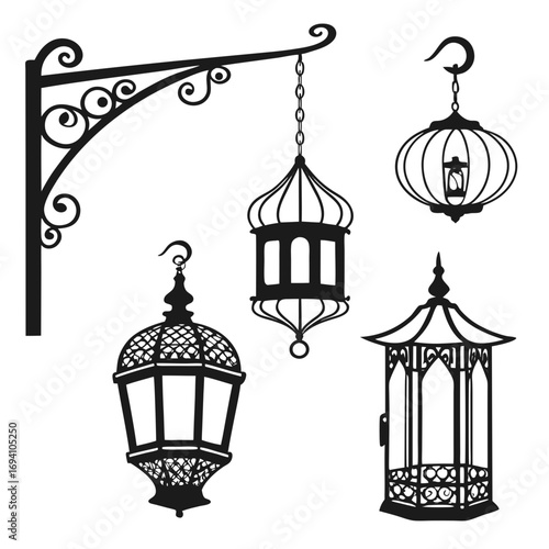 Ornate hanging lanterns and decorative bracket silhouette