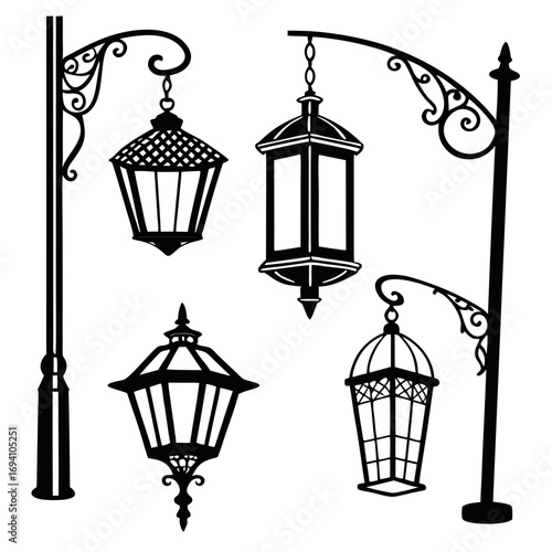 Ornate hanging lanterns street lamp silhouettes vector