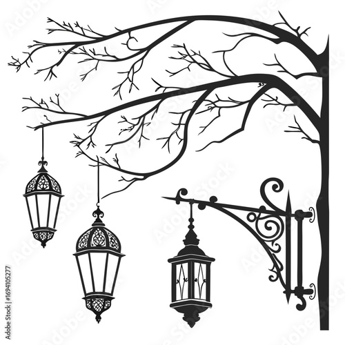 Ornate hanging lanterns tree branch decorative silhouette