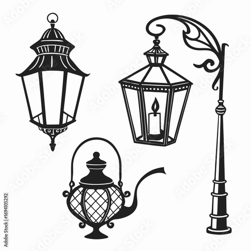 Ornate lantern streetlamp teapot silhouettes black and white