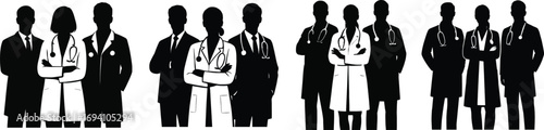 Diverse silhouette medical team gathering professionals holding stethoscopes posing together 