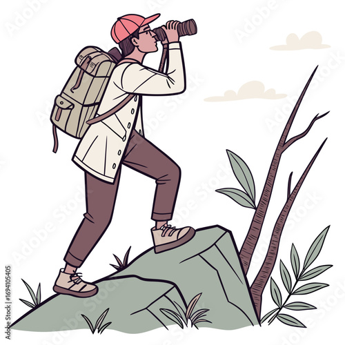 Person with binoculars on rocky outcrop backpack hiking