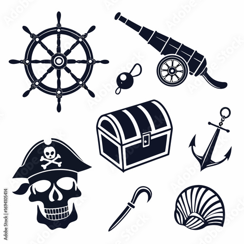 Pirate ship wheel cannon skull treasure chest anchor spyglass