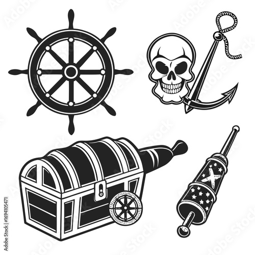 Pirate ship wheel skull anchor treasure chest spyglass
