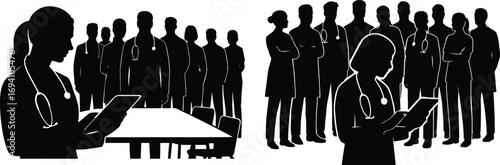 Medical team meeting silhouettes diverse healthcare professionals collaborate discuss patient care strategy 