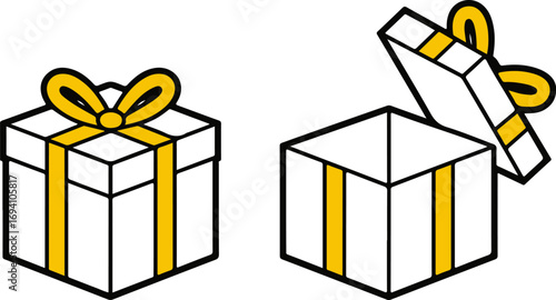 Two simple white gift boxes with yellow ribbons one open revealing empty interior