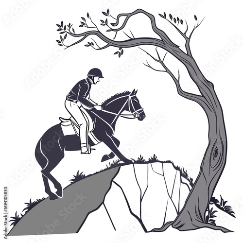 Rider on horse jumping over cliff tree