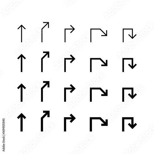 Bent arrow or curved arrow icon set