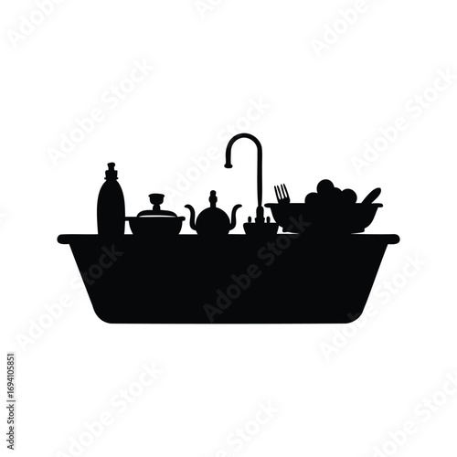 Silhouette of a kitchen sink filled with dishes and cleaning supplies, kitchen sink with dishes silhouette vector illustration