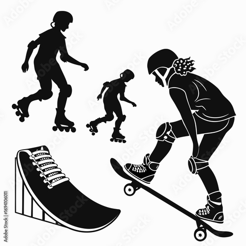 Roller skaters and skateboarder with ramp silhouette