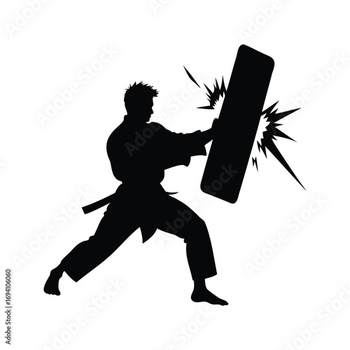 Karate practitioner in black silhouette powerfully striking training pad, black background, martial artist breaking board silhouette vector illustration