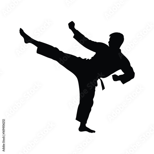 Black silhouette of a man practicing karate kicking with strong body balance, martial artist doing roundhouse kick silhouette vector illustration