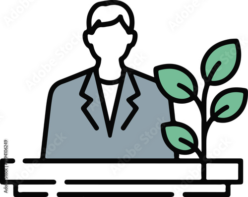 Minimalist line art business person speaking at podium with growing plant symbolizing growth