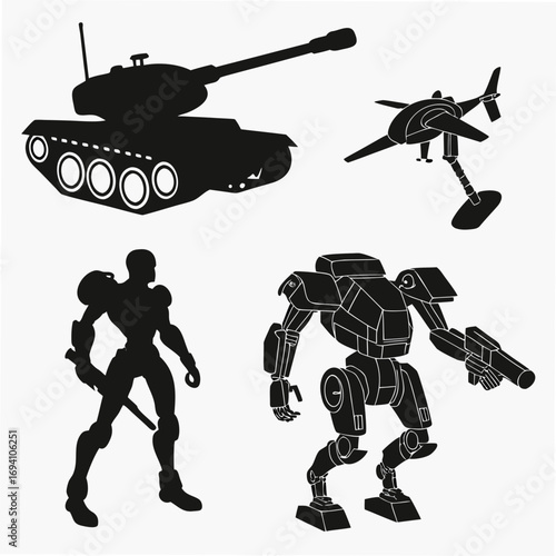 Sci fi robotic figures and vehicle silhouettes mech