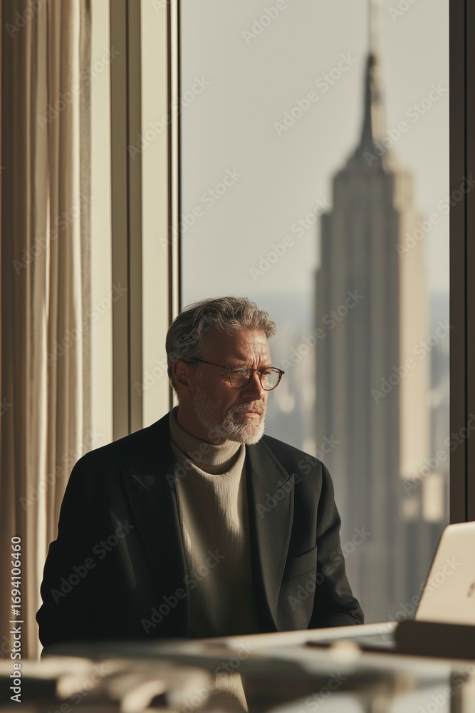 Fototapeta premium Elegant senior businessman in black blazer working on laptop with city skyline view 