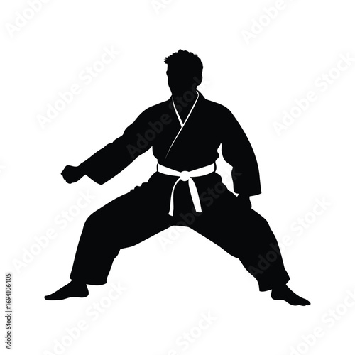 Silhouette of a martial artist performing a punch with wide leg stance, martial artist in traditional silhouette vector illustration