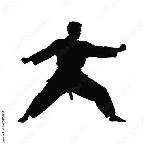 Silhouette of a martial arts practitioner in action, demonstrating Karate technique, martial artist in fighting stance silhouette vector illustration
