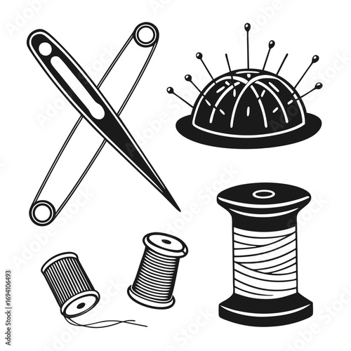 Sewing tools needle thread spools pincushion vector
