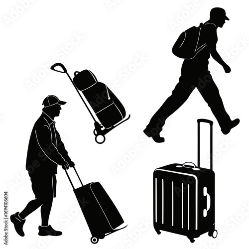 Silhouettes people traveling with luggage suitcase
