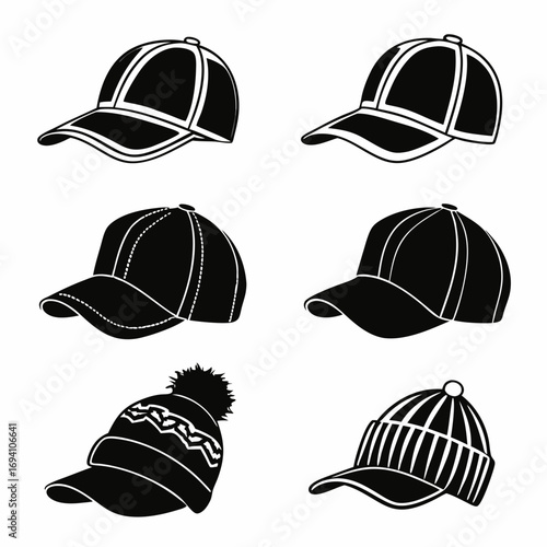Six black headwear silhouettes baseball cap beanie