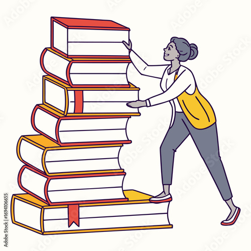 Teacher standing beside a large stack of books illustration