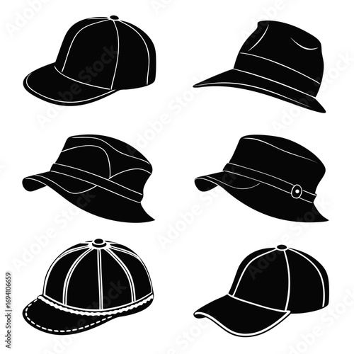 Six black headwear silhouettes white
