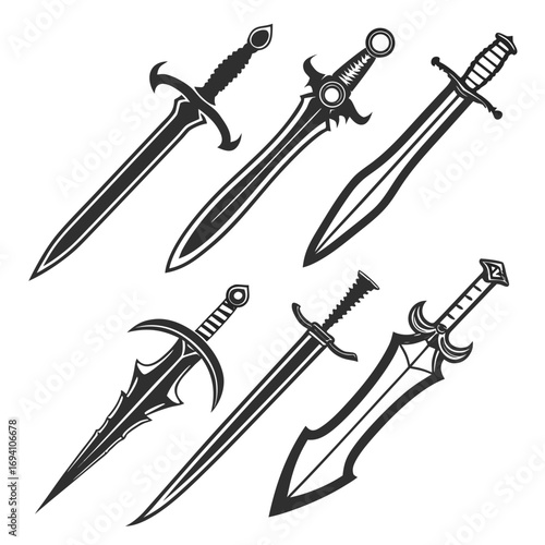 Six fantasy sword silhouettes black and white weapon