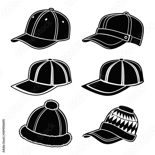 Six headwear silhouettes baseball cap winter beanie