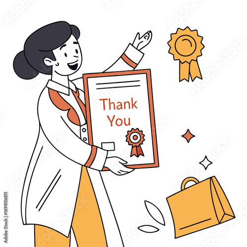 Teacher holding a certificate with a large thank you message